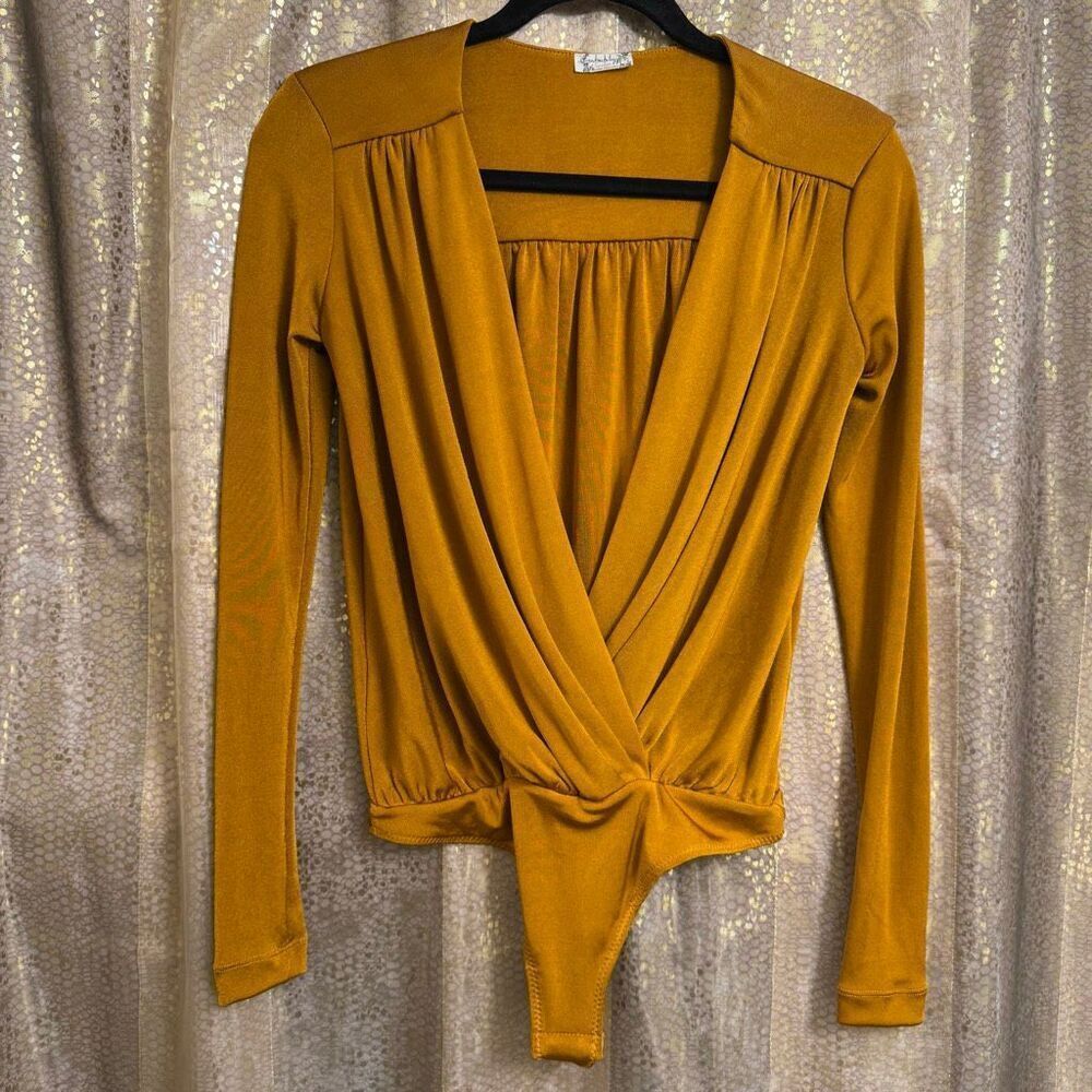 Free People Turnt Marigold Golden Stretchy Plunge Bodysuit Top XS